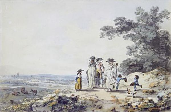 Figures On A Hill Top, Kilburn, London Oil Painting by Julius Caesar Ibbetson