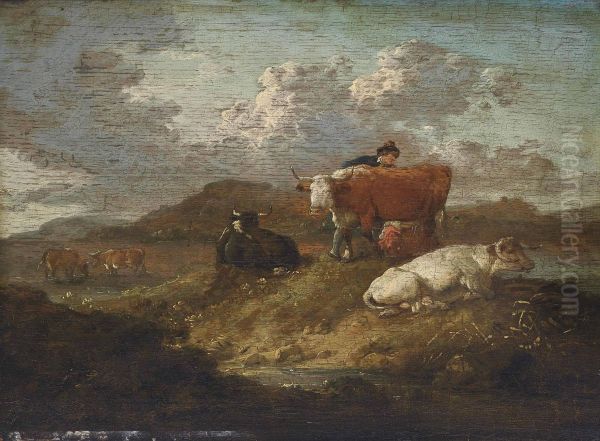 A River Landscape With A Drover And His Cattle On A Shore Oil Painting by Julius Caesar Ibbetson