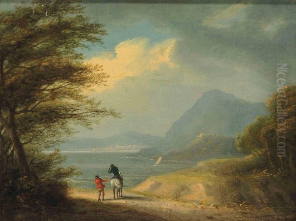 A Coastal Landscape With A Horseman And A Traveller On A Path In The Foreground Oil Painting by Julius Caesar Ibbetson