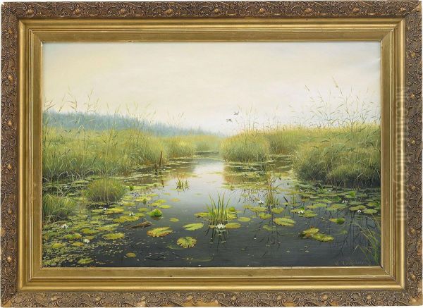 A Pond With Water Lilies Oil Painting by Mikhail Ivanovich Ignat'Ev