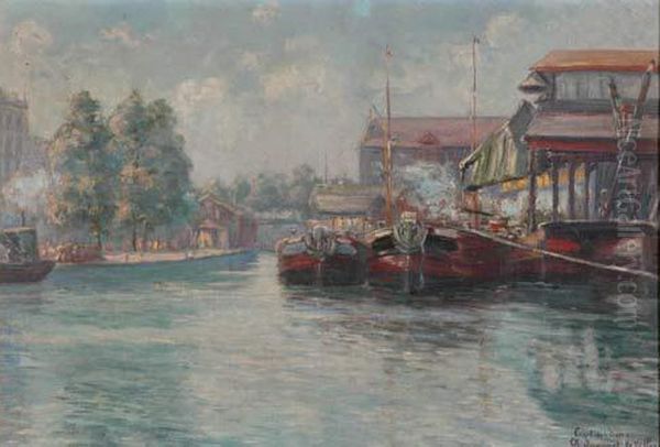 Le Canal De L'ourcq Oil Painting by Charles Andre Igounet De Villiers