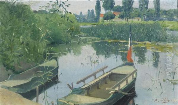 Mere Landscape With Two Rowing Boats. Oil Painting by Jean Daniel Ihly