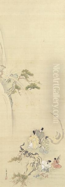 Courtiers Admiring A Waterfall, From Tsurezuregusa (essays Inidleness) Oil Painting by Ukita Ikkei