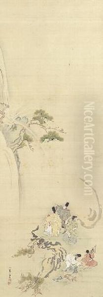 Courtiers Admiring A Waterfall, From Oil Painting by Ukita Ikkei