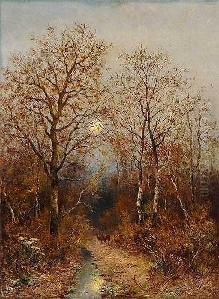 Rehe Auf Herbstlicher Lichtung Oil Painting by Franz Josef Georg Illem