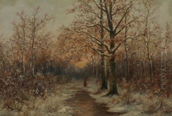 Reisigsammlerin Auf Verschneitem Waldweg Oil Painting by Franz Josef Georg Illem