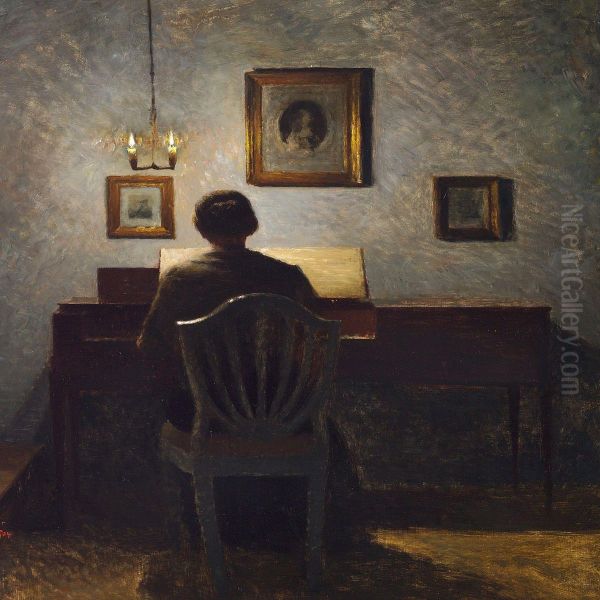 Interior With A Lady At A Spinet, Evening Light Oil Painting by Peder Vilhelm Ilsted