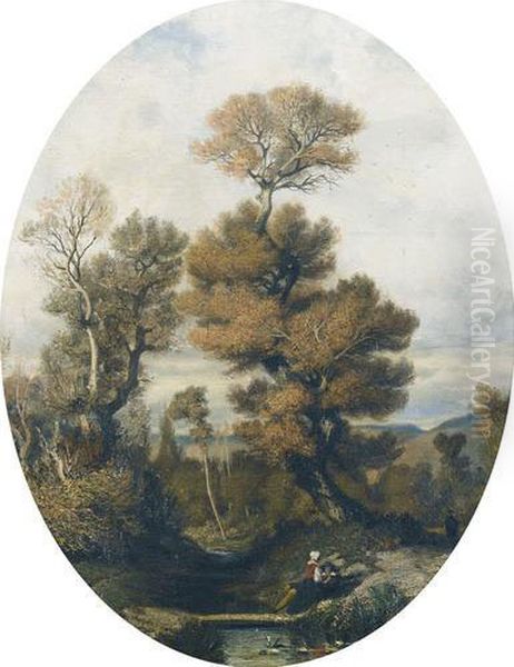 Herbstliche Bachlandschaft Mit Rastendem Paar Oil Painting by Edouard Auguste Imer