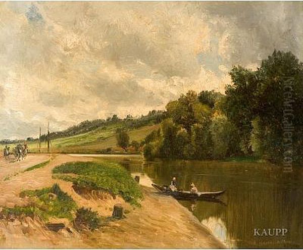 Sommerliche Flusslandschaft Mit Bauerlicher Figurenstaffagein Einem Nachen Und Auf Einem Weg Am Ufer Oil Painting by Edouard Auguste Imer