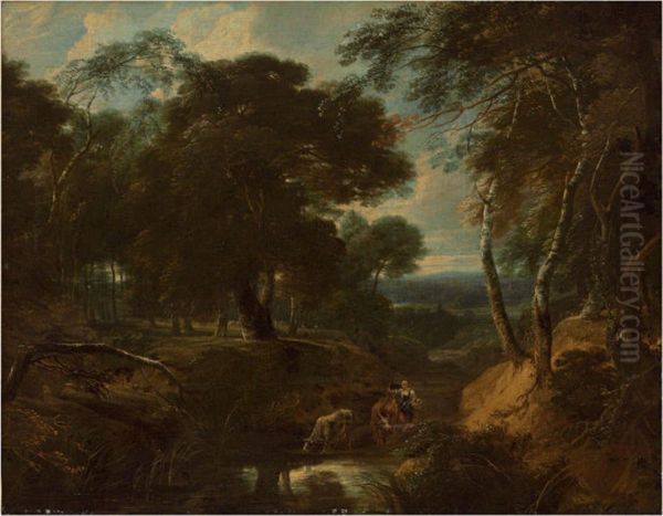 A Wooded Landscape With A Herder By A Stream Oil Painting by Philips Augustyn Immenraet