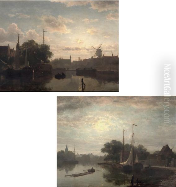 On The Canal At Dusk Oil Painting by Christiaan Immerzeel