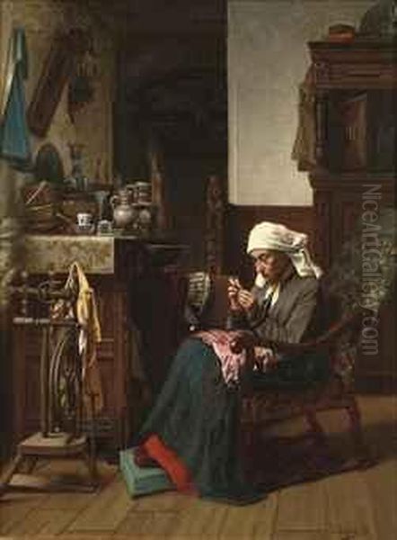 Old Lady Sewing Oil Painting by Josse Impens