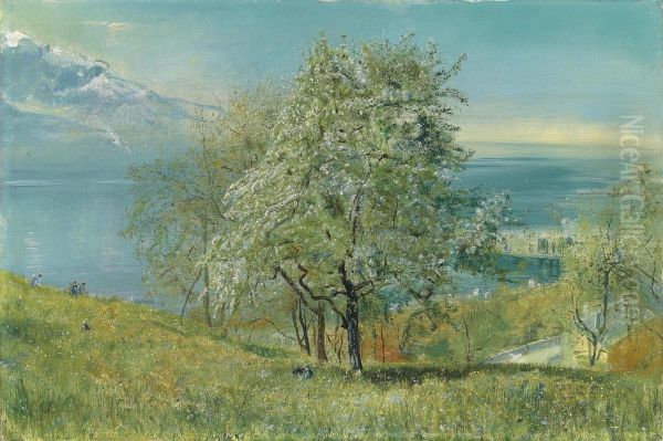 Lake Of Geneva: Looking West Near Territet Oil Painting by John William Inchbold