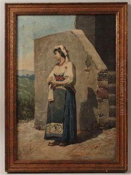 An Italian Woman Next To A House Oil Painting by Filippo Indoni