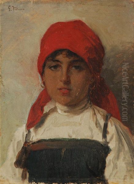 Ritratto Di Fanciulla Con Foulard Rosso Oil Painting by Girolamo Induno