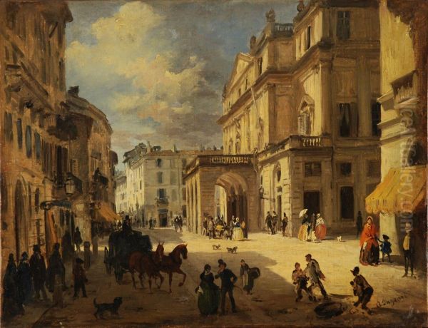 Veduta Di Piazza Della Scala In Milano Oil Painting by Angelo Inganni