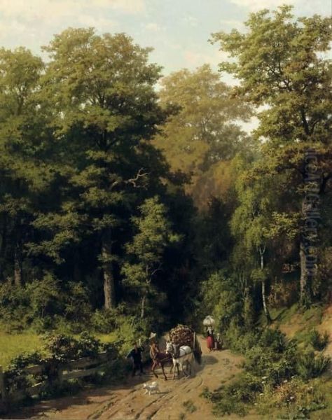 A Farmer With His Cart On A Forest Path Oil Painting by Franz Maria Ingenmey