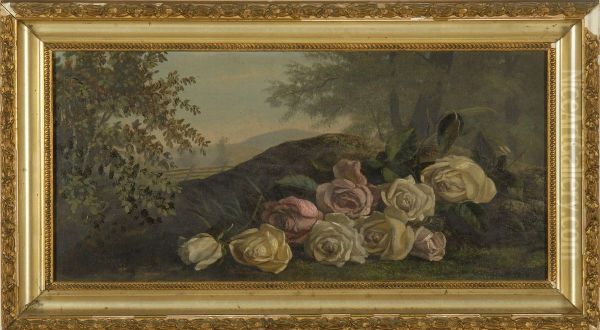 Still Life Of Roses In A Landscape Oil Painting by John O'Brien Inman