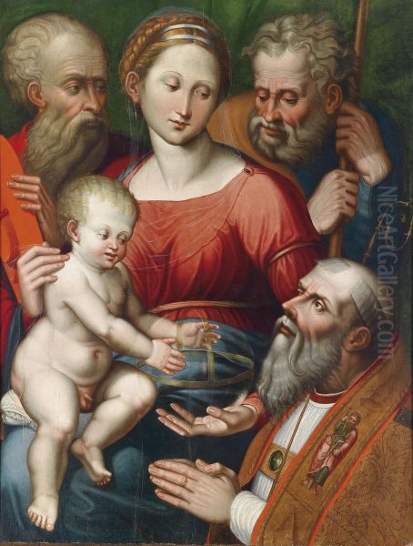 The Holy Family With Saints Joseph And Jerome And Abishop-donor Oil Painting by Innocenzo Da Imola