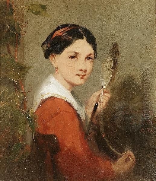 A Young Girl Holding A Distaff Oil Painting by James Inskipp