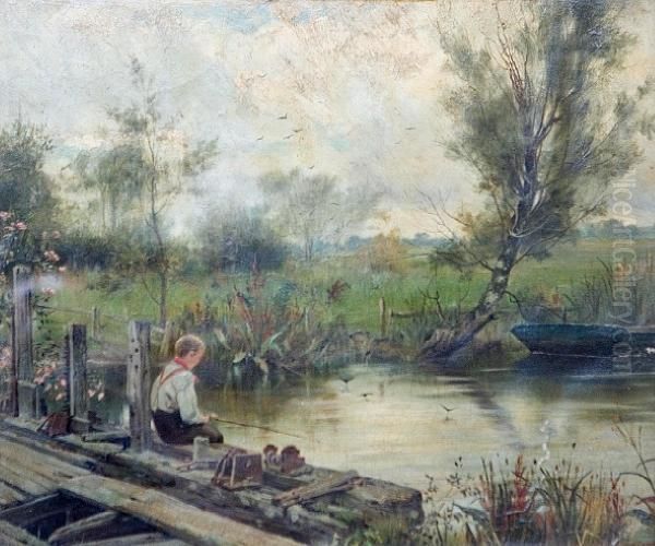 Fishing At The Riverbank Oil Painting by Thomas Ireland