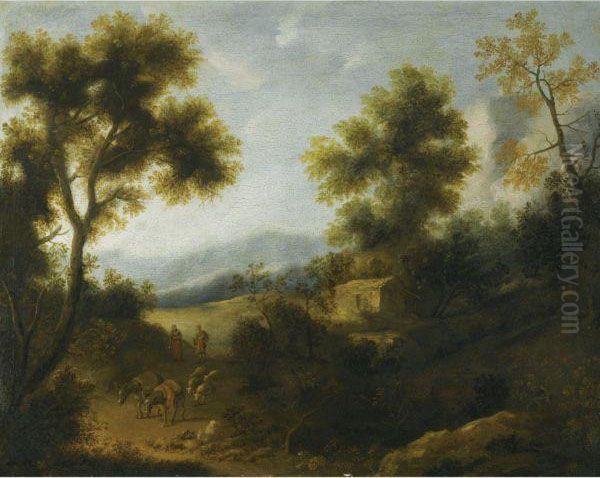 A Wooded Landscape With A Herdsman And Woman On A Path In The Foreground Oil Painting by Ignacio de Iriarte