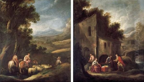 Jacob And His Household Journeying To Meet Esau; And Laban Searching For The Images Of Jacob As Secreted By Rachel Oil Painting by Ignacio de Iriarte