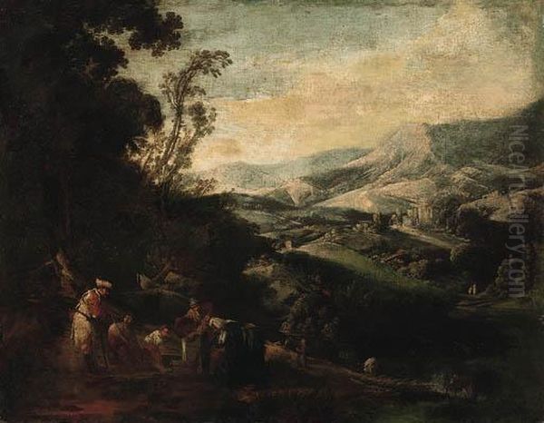 A Mountainous Landscape With Peasants Drawing Water From Awell Oil Painting by Ignacio de Iriarte