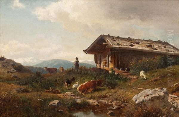 Gebirgslandschaft Mit Bauerin Und Weidevieh Vor Einer Scheune Oil Painting by Carl Irmer