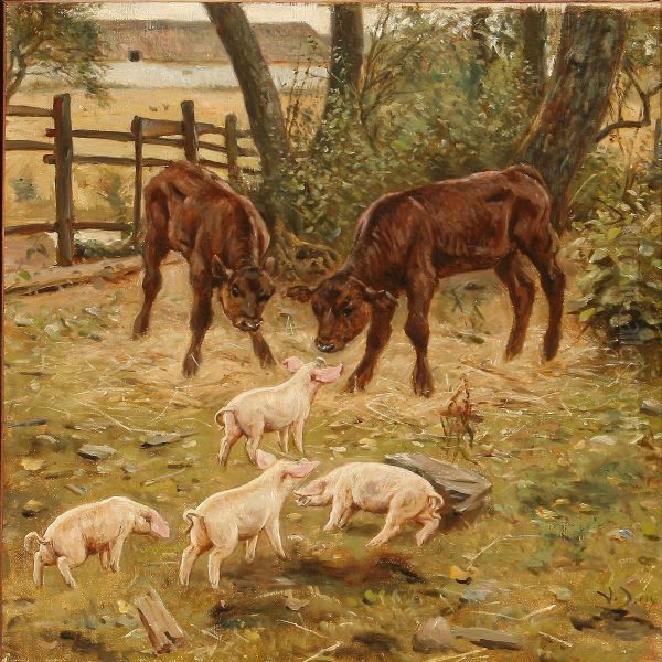 Calves And Pigletsenjoying The Danish Summer Oil Painting by Valdemar Irminger