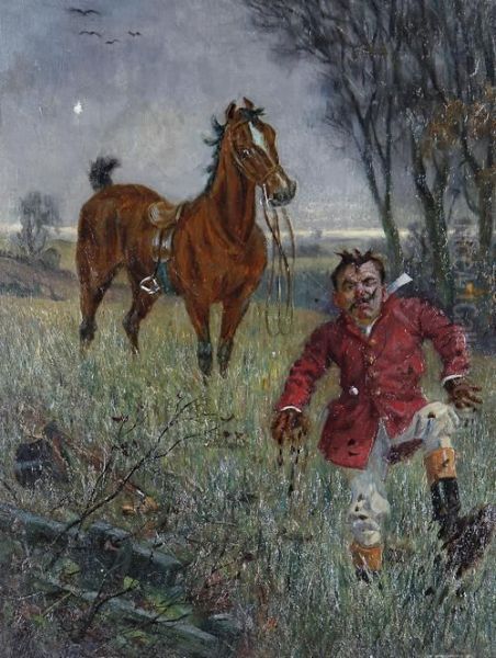 A Huntsman Thrown By His Horse Into A Muddy Field Oil Painting by William Irving