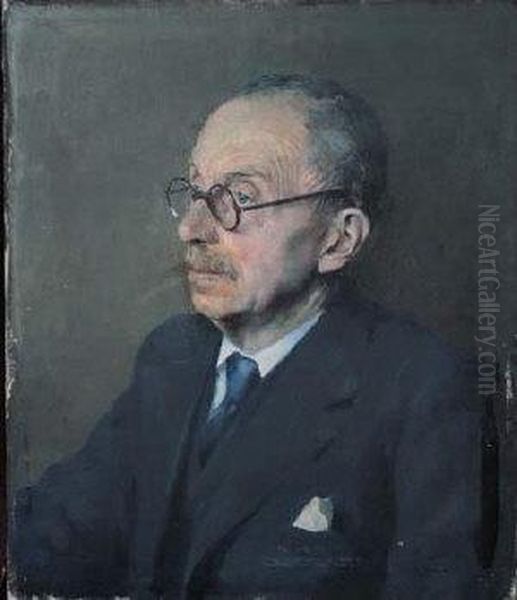 A Portrait Of A Gentleman Wearing Round Tortoiseshell Spectaclesand A Grey Three-piece Suit Oil Painting by William Irving