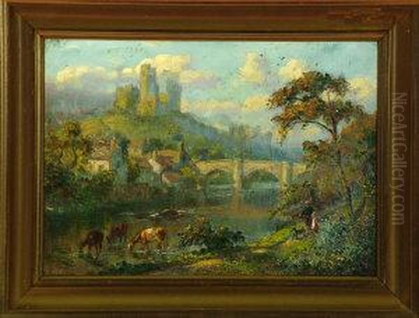 Richmond Castle With Figures Walking A Dog On A Path In The Foreground Oil Painting by William Irving