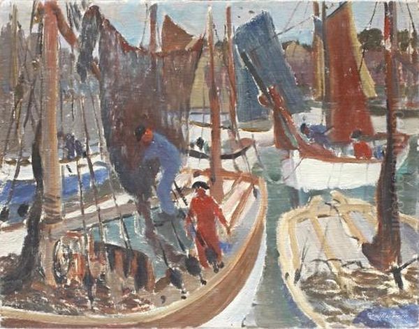 Drying Nets, Concarneau Oil Painting by Greville Irwin