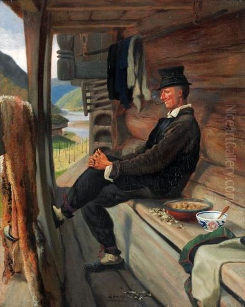 Roykende Setesdol 1868 Oil Painting by Olaf Isaachsen