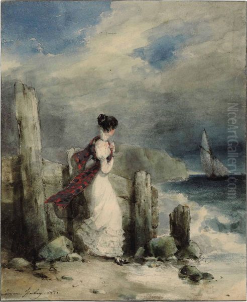 A Young Woman Standing On A Rocky Coastline Staring Out To Sea Oil Painting by Eugene Isabey