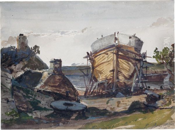 An Inlet, With A Boat Under Construction Oil Painting by Eugene Isabey