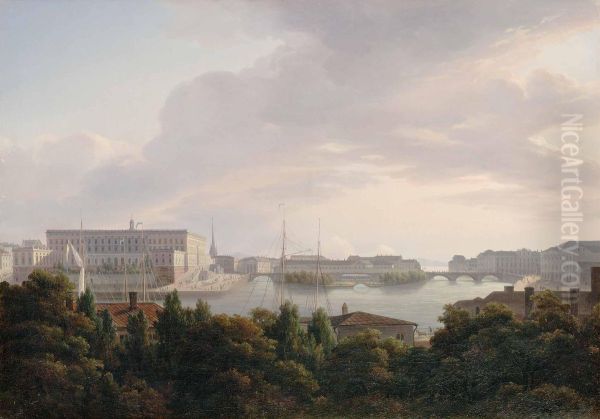 Vy Mot Stockholms Slott Fran Baathska Palatset Oil Painting by Gustaf Isander