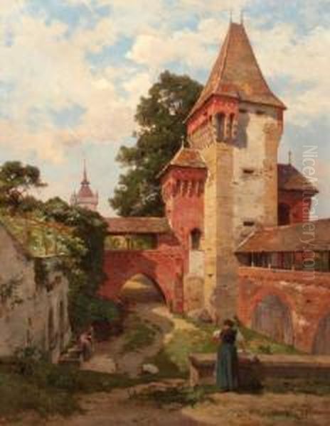 Femmes Au Lavoir Devant Une Fortification Oil Painting by Emile Isembart