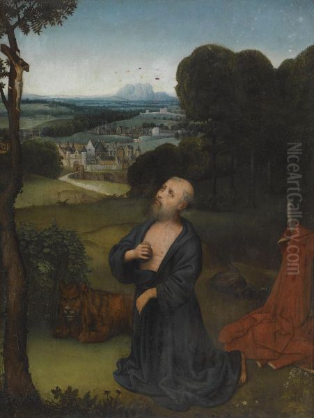 The Penitent St Jerome Kneeling Before A Portable Crucifix, An Extensive Landscape Beyond Oil Painting by Adriaen Isenbrandt (Ysenbrandt)