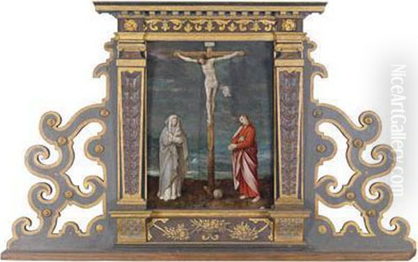 A Crucifixion Group Oil Painting by Adriaen Isenbrandt (Ysenbrandt)