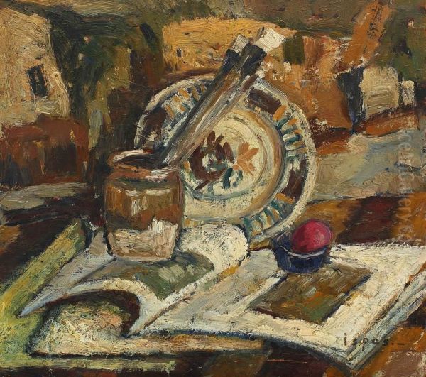 Still Life With Books And Brushes Oil Painting by Ioan Ispas