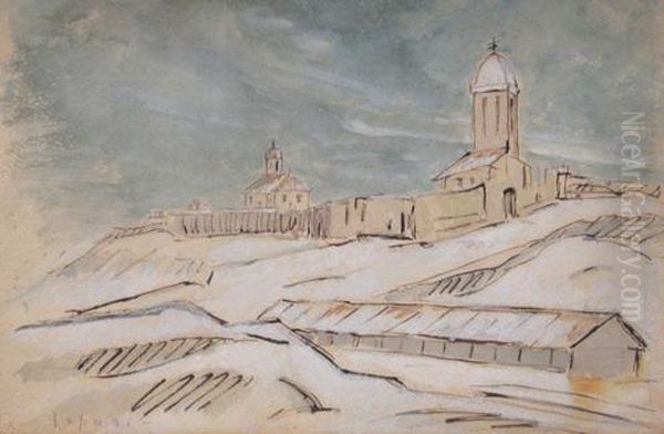 Winter Landscape With Monastry Oil Painting by Ioan Ispas