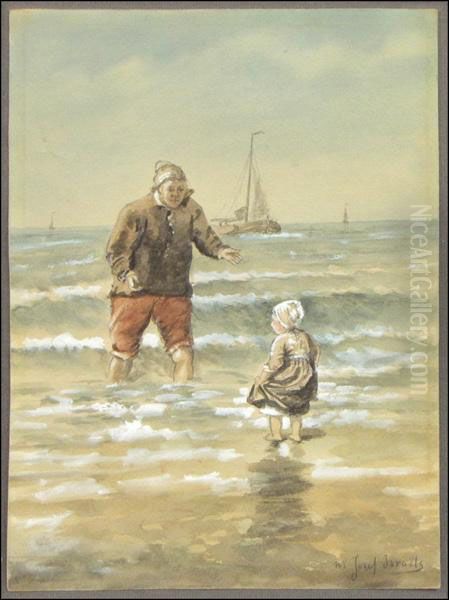 Fisherman And Child At The Shore Oil Painting by Jose Isreals