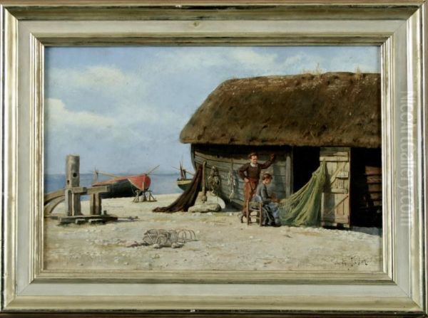 Frau Beimflicken Der Netze Vor Der Fischerkate Am Strand, Daneben Ihr Mannder Zuschaut Oil Painting by Heinrich Issel