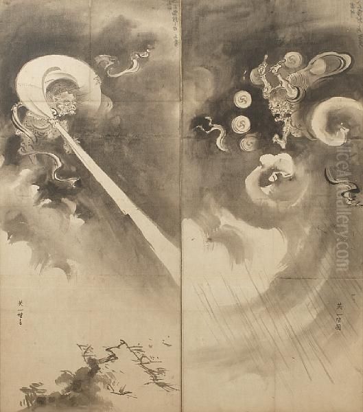 The Right Sheet Depicting Oil Painting by Hanabusa Itcho