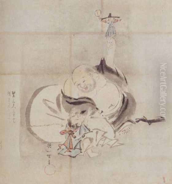 Hotei Against His Large Sack Oil Painting by Hanabusa Itcho