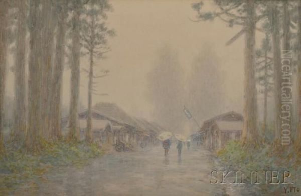 Figures Holding Umbrellas While Walking In The Woods Oil Painting by Yasuhiko Ito