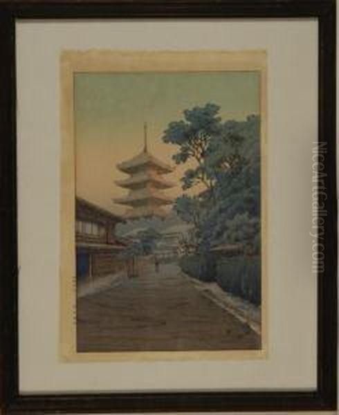 Entrance To Temple Grounds With Pagoda Oil Painting by Yuhan Ito