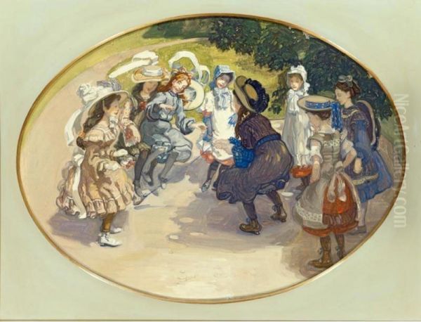 Madchen Beim Spielen 
Girls Playing Oil Painting by Karl Itschner